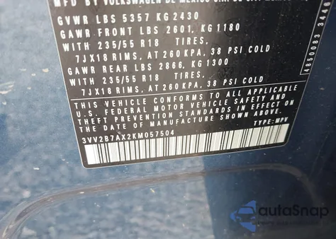 2019 Volkswagen Tiguan 2.0T Se/2.0T Sel/2.0T Sel R-Line/2.0T Sel R-Line Black из США, поврежденный, VIN 3VV2B7AX2KM057504